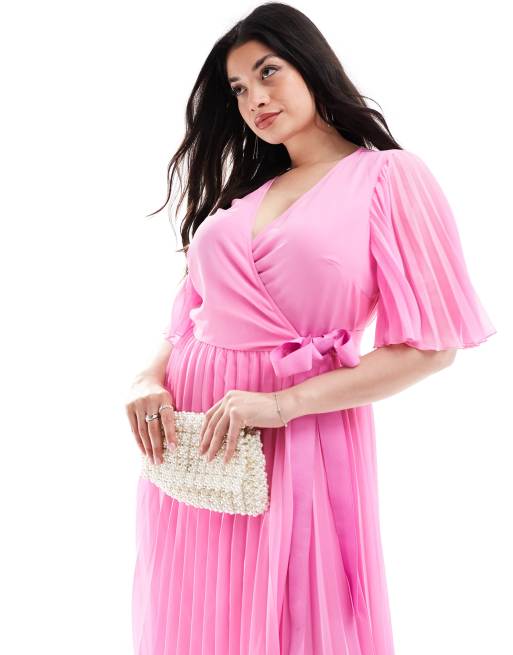 ASOS DESIGN Curve exclusive pleated midi dress with kimono sleeve and tie waist in pink ASOS