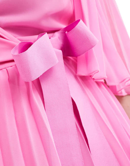 ASOS DESIGN Curve exclusive pleated midi dress with kimono sleeve and tie waist in pink ASOS