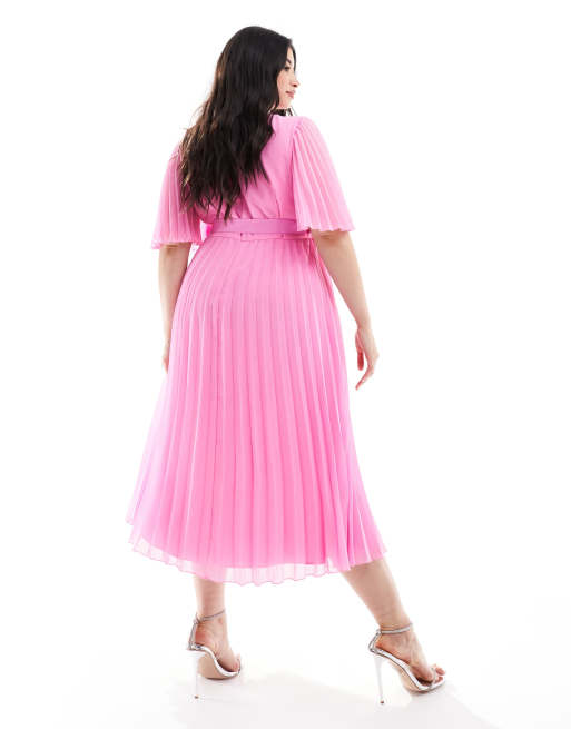 ASOS DESIGN Curve exclusive pleated midi dress with kimono sleeve and tie waist in pink