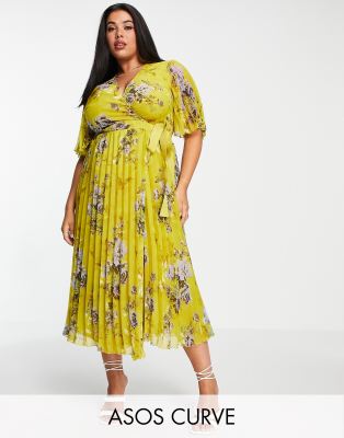 ASOS DESIGN Curve exclusive pleated midi dress with kimono sleeve and tie waist in print-Multi