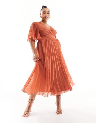 ASOS DESIGN Curve exclusive pleated midi dress with kimono sleeve and tie waist in rust