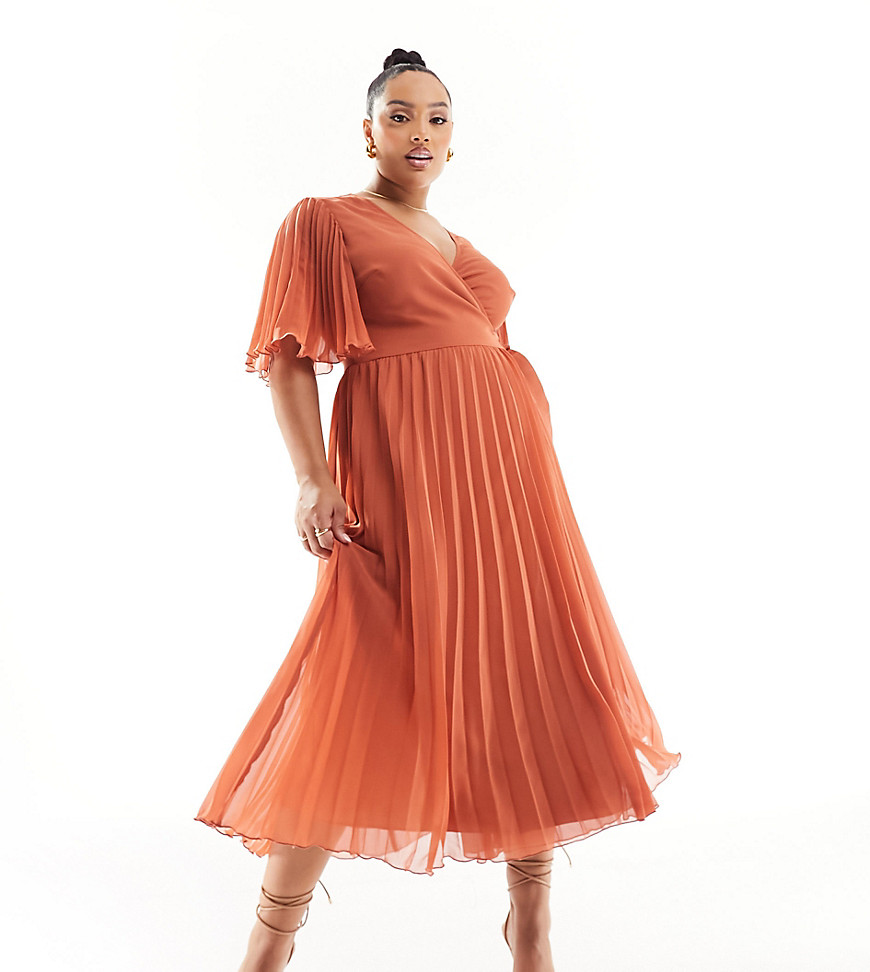 Asos Curve Asos Design Curve Exclusive Pleated Midi Dress With Kimono Sleeve And Tie Waist In Rust-brown