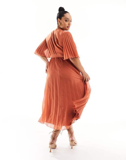 ASOS DESIGN Curve exclusive pleated midi dress with kimono sleeve and tie waist in rust ASOS