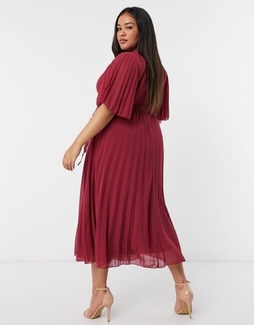 ASOS DESIGN Curve exclusive pleated midi dress with kimono sleeve and tie waist