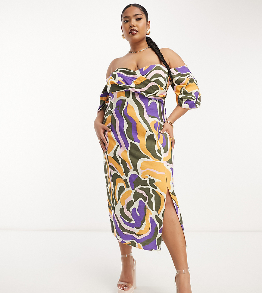 Asos Curve Asos Design Curve Exclusive Pleated Off Shoulder Midi Dress With Wrap Bust In Abstract Print-multi In Blue