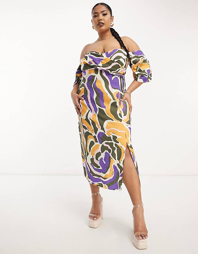 ASOS Curve - ASOS DESIGN Curve Exclusive pleated off shoulder midi dress with wrap bust in abstract print