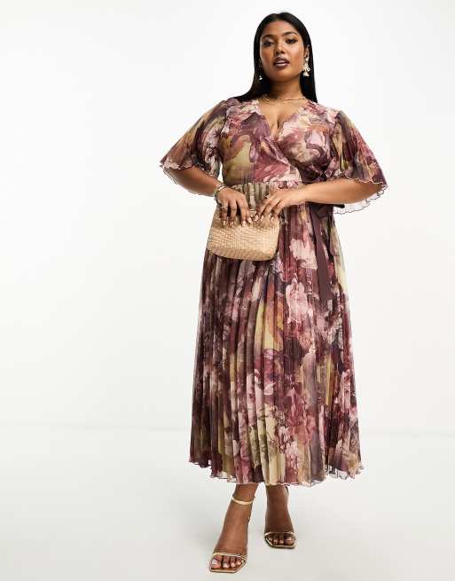ASOS DESIGN Curve Exclusive – Plisowana sukienka midi z kimonowymi rękawami i wiązaniem w talii w brązowy kwiatowy wzór