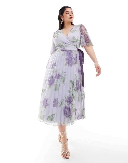 ASOS DESIGN Curve Exclusive – Plisowana sukienka midi z kimonowymi rękawami i wiązaniem w talii w liliowy kwiatowy wzór