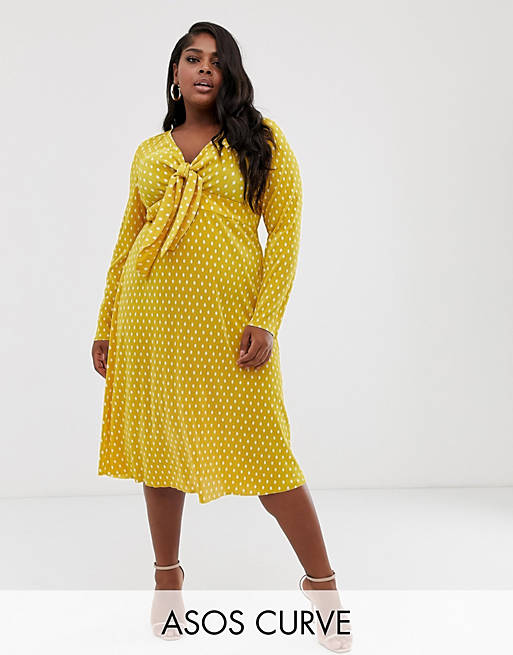 ASOS DESIGN Curve exclusive plisse midi dress with bunny ties in polka dot 