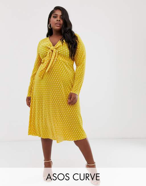 ASOS DESIGN Curve exclusive plisse midi dress with bunny ties in polka dot