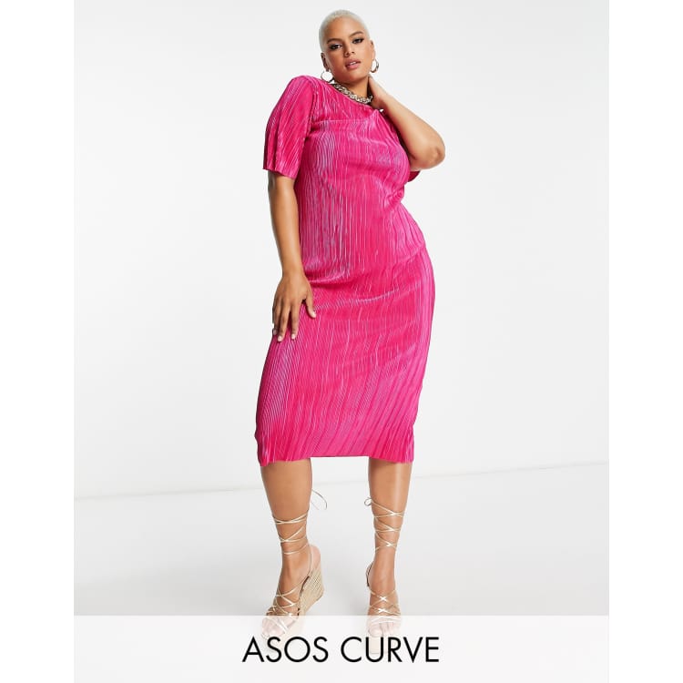 midi hot pink shirt dress ASOS DESIGN Curve Exclusive plisse t-shirt with short sleeves in bright Button down