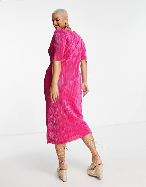 ASOS DESIGN Curve Exclusive plisse t shirt midi dress with short sleeves in bright pink