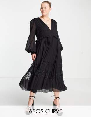 Asos Design Curve Exclusive Plunge Pleated Midi Dress With Lace Insert Hem In Black Asos 