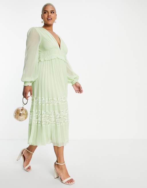 ASOS DESIGN Curve Exclusive plunge pleated midi dress with lace insert hem  in seafoam green