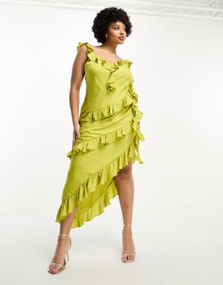 Asos Curve Asos Design Curve Exclusive Ruffle Cami Maxi Dress With Drape Detail In Olive Green