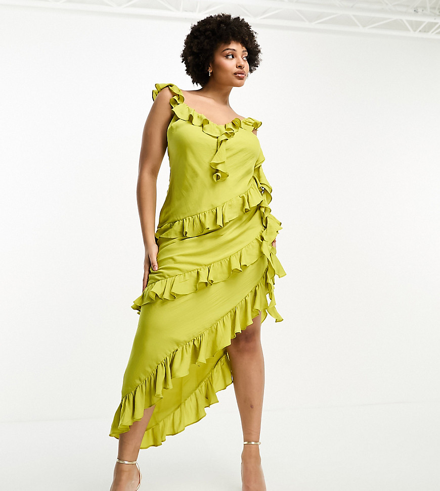 ASOS DESIGN Curve Exclusive ruffle cami maxi dress with drape detail in olive green