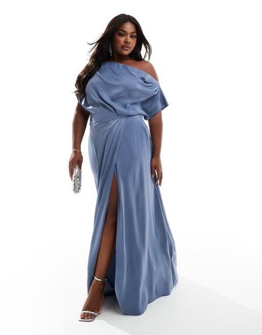 ASOS DESIGN Curve - Exclusive - Satijnen maxi jurk met blote schouders en hoge split in leigrijs