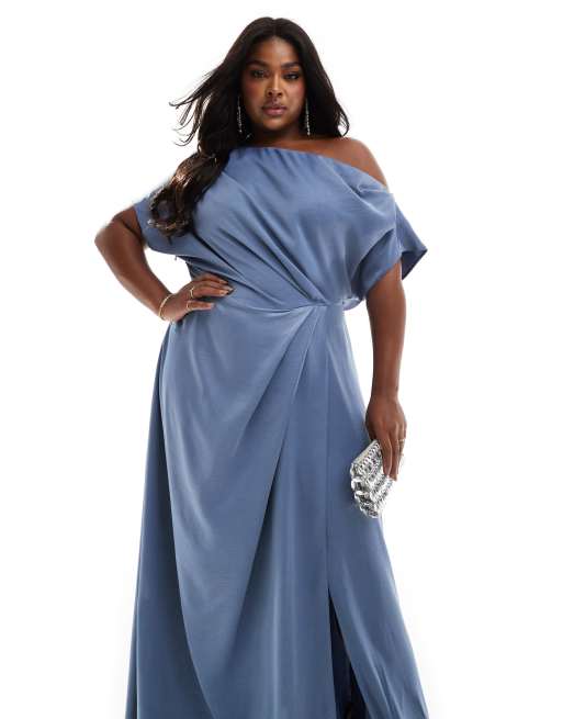 ASOS DESIGN Curve - Exclusive - Satijnen maxi jurk met blote schouders en hoge split in leigrijs, 2 van 4