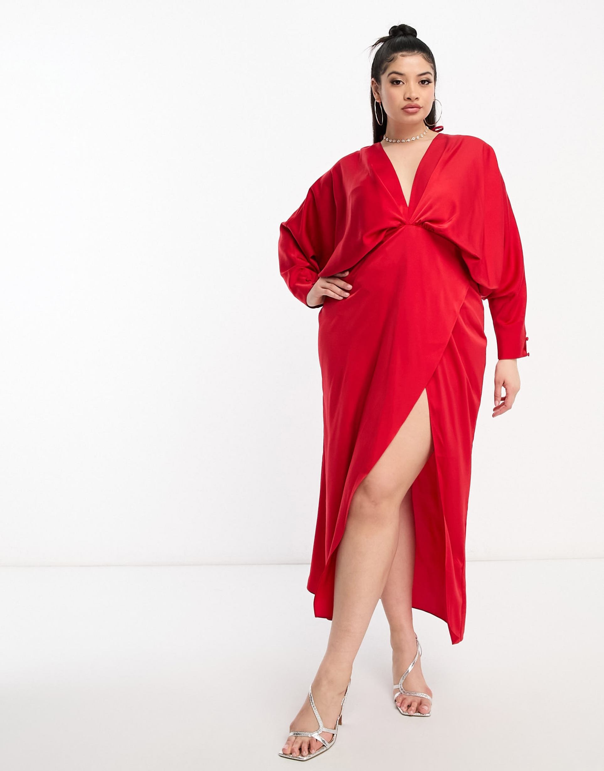 asos design curve exclusive satin batwing midaxi dress with split skirt in red