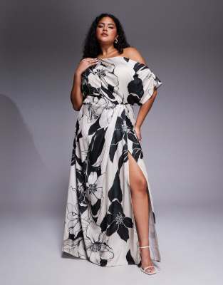 ASOS DESIGN Curve Exclusive satin fallen shoulder shoulder side slit maxi dress in mono floral print-Multi