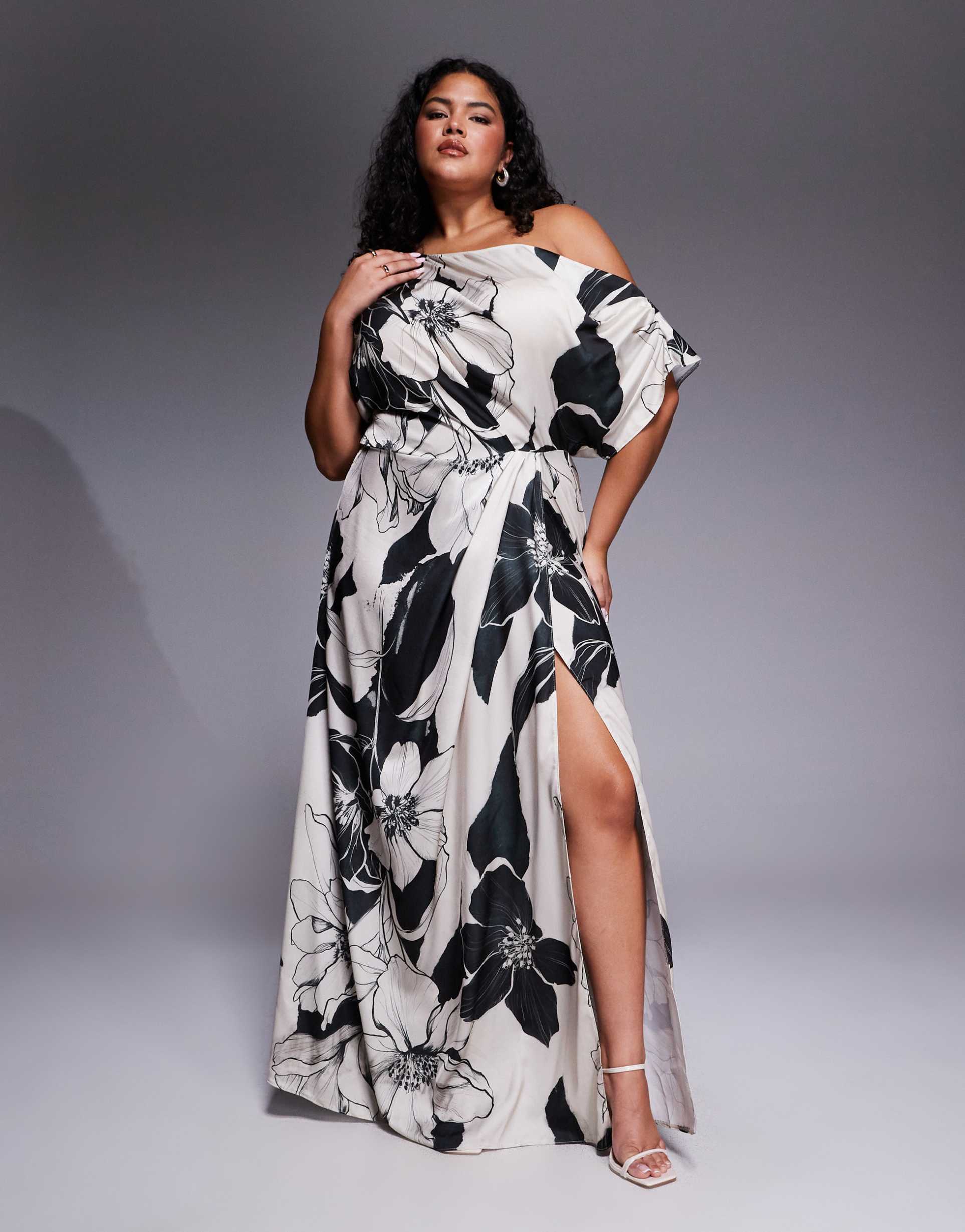 asos design curve exclusive satin fallen shoulder shoulder side slit maxi dress in mono floral print