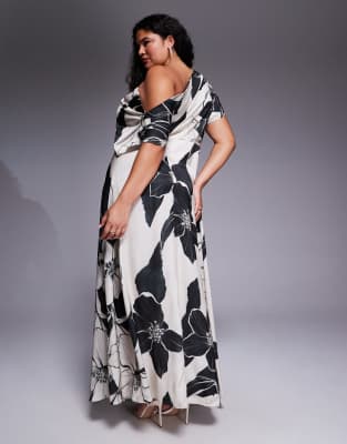 Asos Curve Asos Design Curve Exclusive Satin Fallen Shoulder Shoulder Side Slit Maxi Dress In Multi