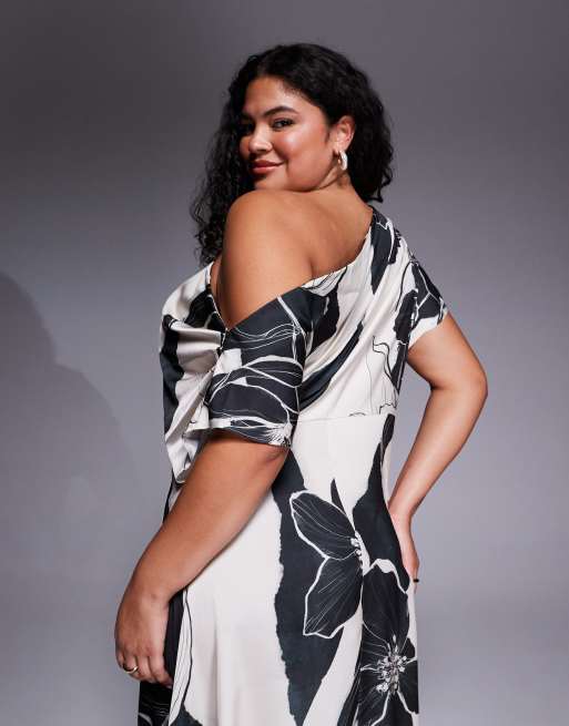 ASOS DESIGN Curve Exclusive satin fallen shoulder shoulder side slit maxi dress in mono floral print