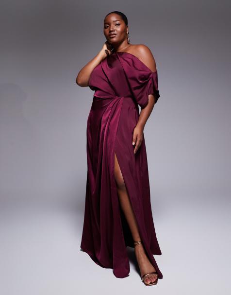 ASOS DESIGN Curve exclusive satin fallen shoulder shoulder side split maxi dress in deep purple - view 1
