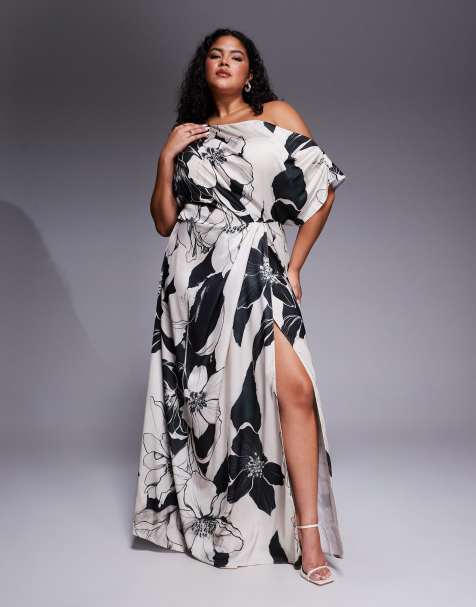 ASOS DESIGN Curve exclusive satin fallen shoulder shoulder side split maxi dress in mono floral print - view 1