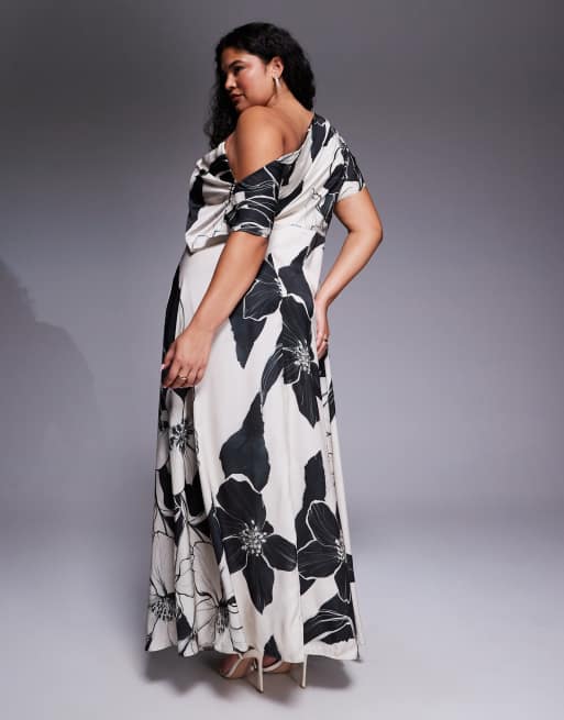 ASOS DESIGN Curve exclusive satin fallen shoulder shoulder side split maxi dress in mono floral print, 2 of 4