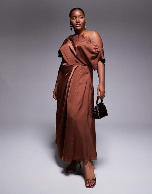 ASOS DESIGN Curve exclusive satin fallen shoulder shoulder side split midi dress in brown