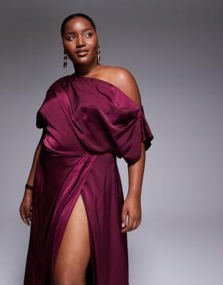 Asos Curve Asos Design Curve Exclusive Satin Fallen Shoulder Side Split Maxi Dress In Purple