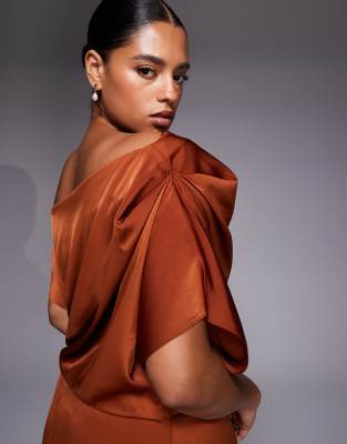 Asos Curve Asos Design Curve Exclusive Satin Fallen Shoulders Side Slit Maxi Dress In Brown