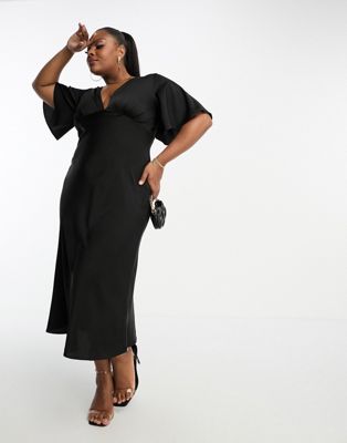 ASOS DESIGN Curve exclusive satin flutter sleeve midi dress in black