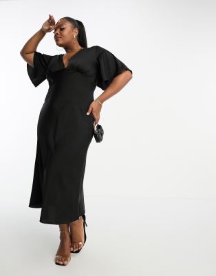 Asos Design Curve Exclusive Satin Flutter Sleeve Midi Dress In Black