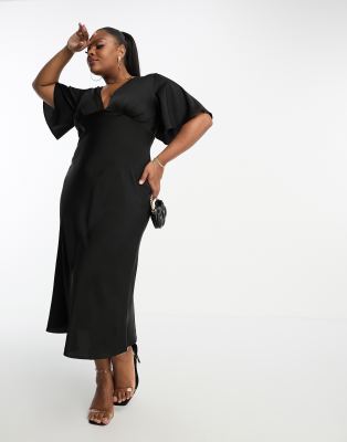 ASOS CURVE ASOS DESIGN CURVE EXCLUSIVE SATIN FLUTTER SLEEVE MIDI DRESS IN BLACK