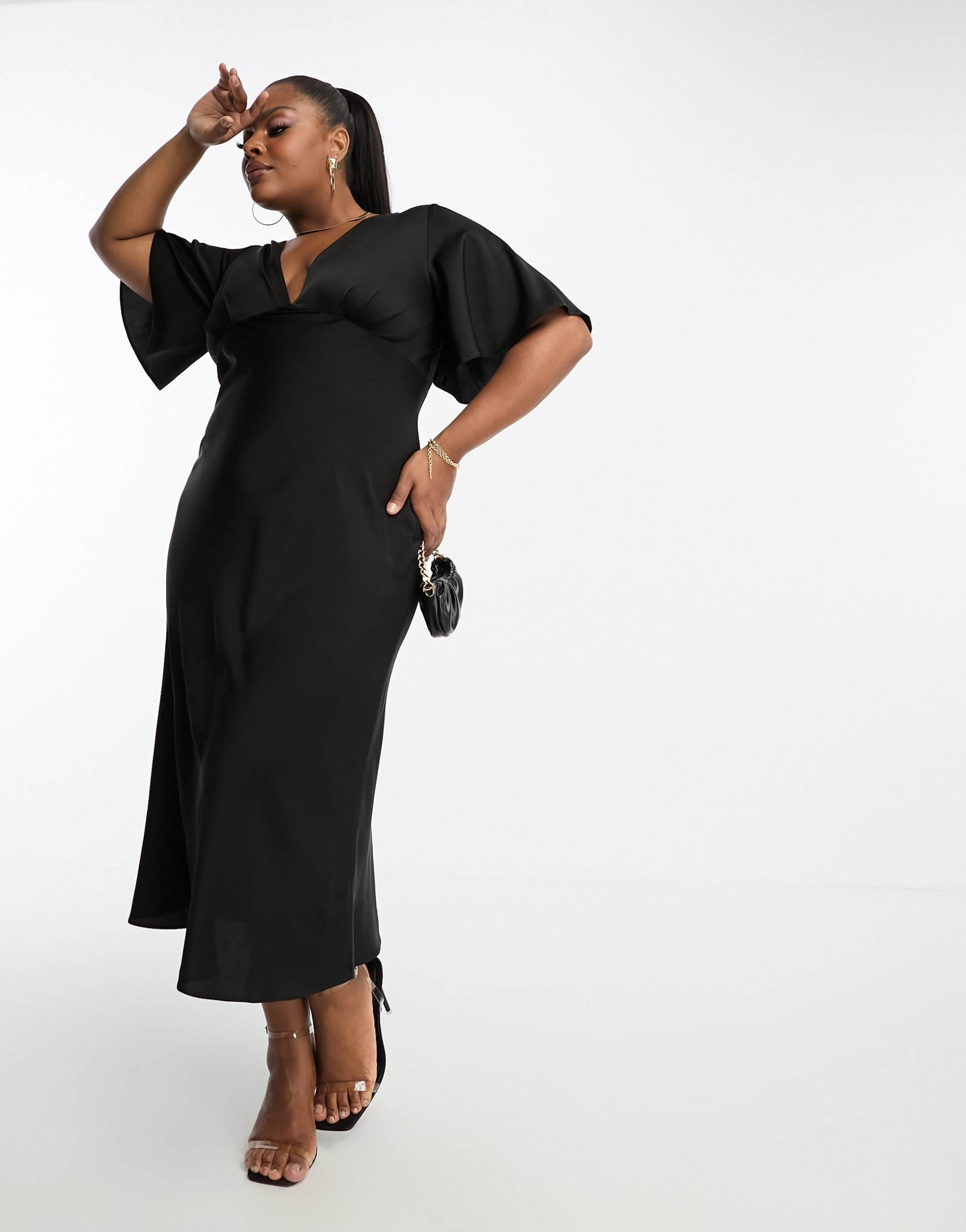 asos design curve exclusive satin flutter sleeve midi dress in black