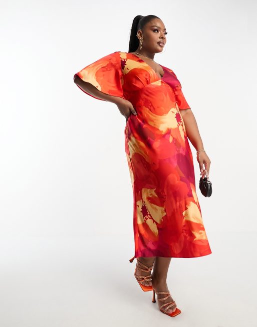 ASOS DESIGN Curve exclusive satin flutter sleeve midi dress in floral print