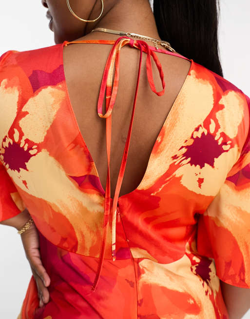 ASOS DESIGN Curve exclusive satin flutter sleeve midi dress in floral print, 3 of 4