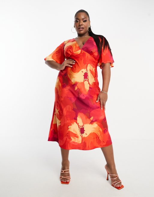 ASOS DESIGN Curve exclusive satin flutter sleeve midi dress in floral print, 4 of 4
