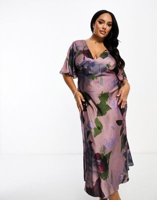 ASOS DESIGN Curve exclusive satin flutter sleeve midi dress in lilac floral print