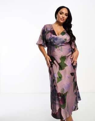 ASOS Curve ASOS DESIGN Curve exclusive satin flutter sleeve midi dress in lilac floral print-Multi