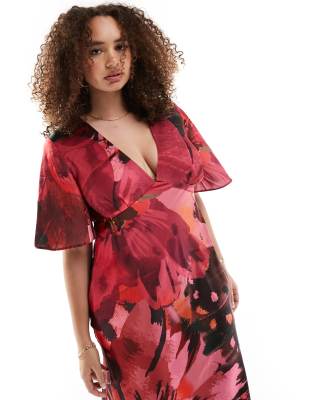 Asos Design Curve Exclusive Satin Flutter Sleeve Midi Dress In Pink Large Floral Print-Multi