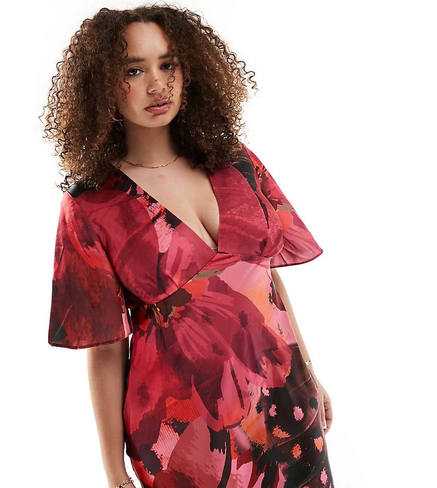 ASOS DESIGN Curve exclusive satin flutter sleeve midi dress in pink large floral print-Multi