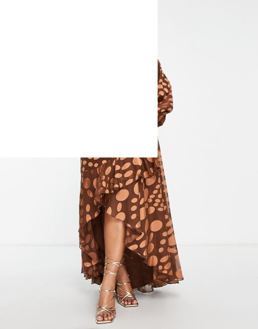 ASOS DESIGN Curve Exclusive satin jacquard warped dot wrap maxi dress with tie  waist in bronze