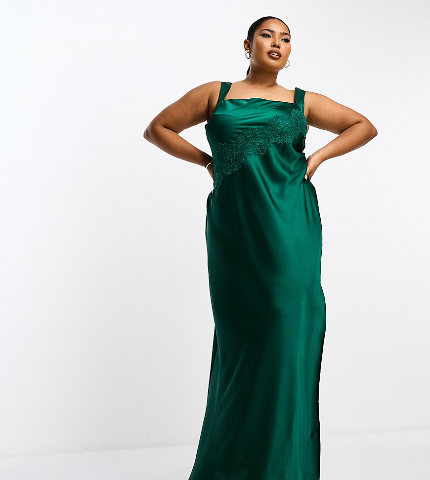 ASOS DESIGN Curve exclusive satin lace applique detail maxi dress in forest green