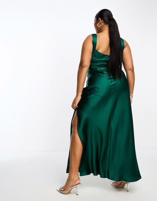 forest green plus size dress Green Satin Long Sleeve Mini Dress main image 0