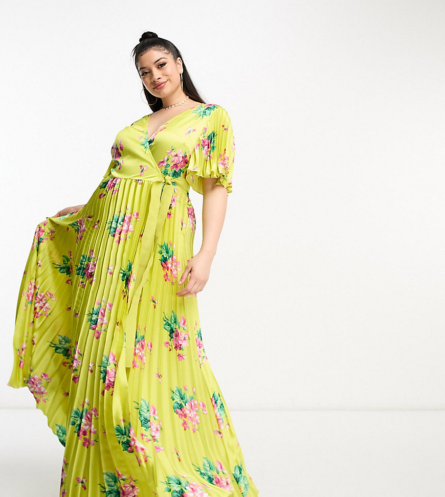 ASOS DESIGN Curve exclusive satin maxi dress with kimono sleeve and tie waist in pleat in yellow flo
