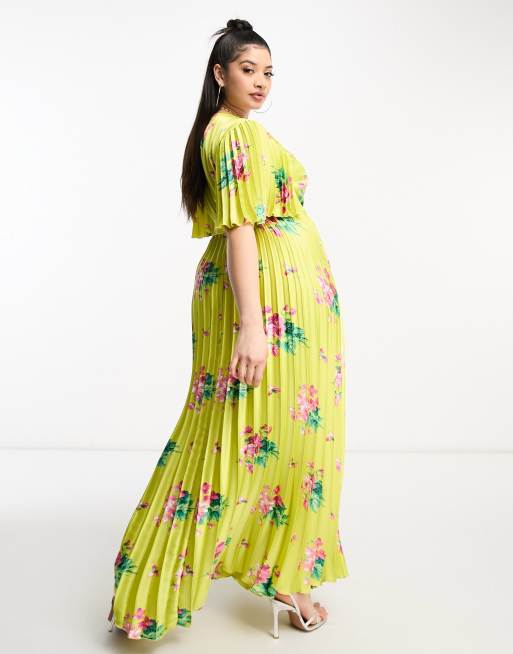 ASOS DESIGN Curve exclusive satin maxi dress with kimono sleeve and tie  waist in pleat in yellow floral print