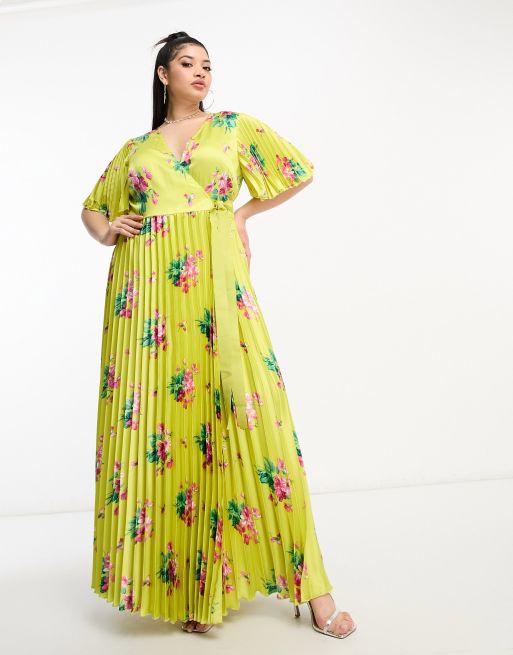 ASOS DESIGN Curve exclusive satin maxi dress with kimono sleeve and tie waist in pleat in yellow floral print